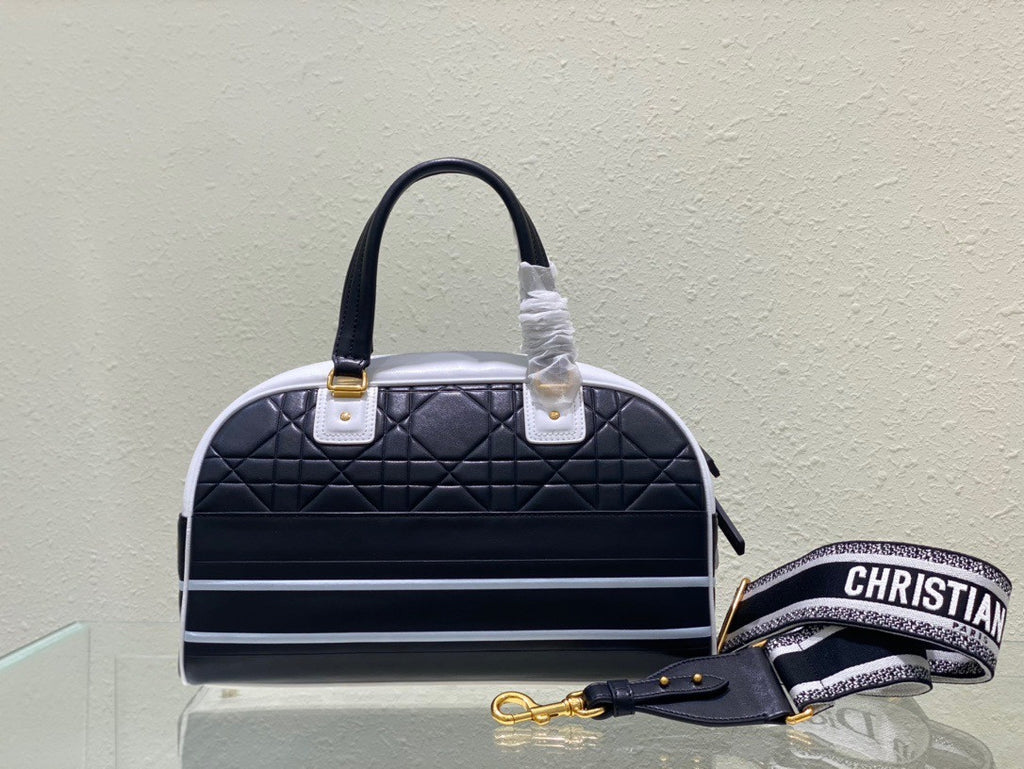 Christian Dior MEDIUM DIOR VIBE CLASSIC BOWLING BAG Blue and White Smooth Calfskin