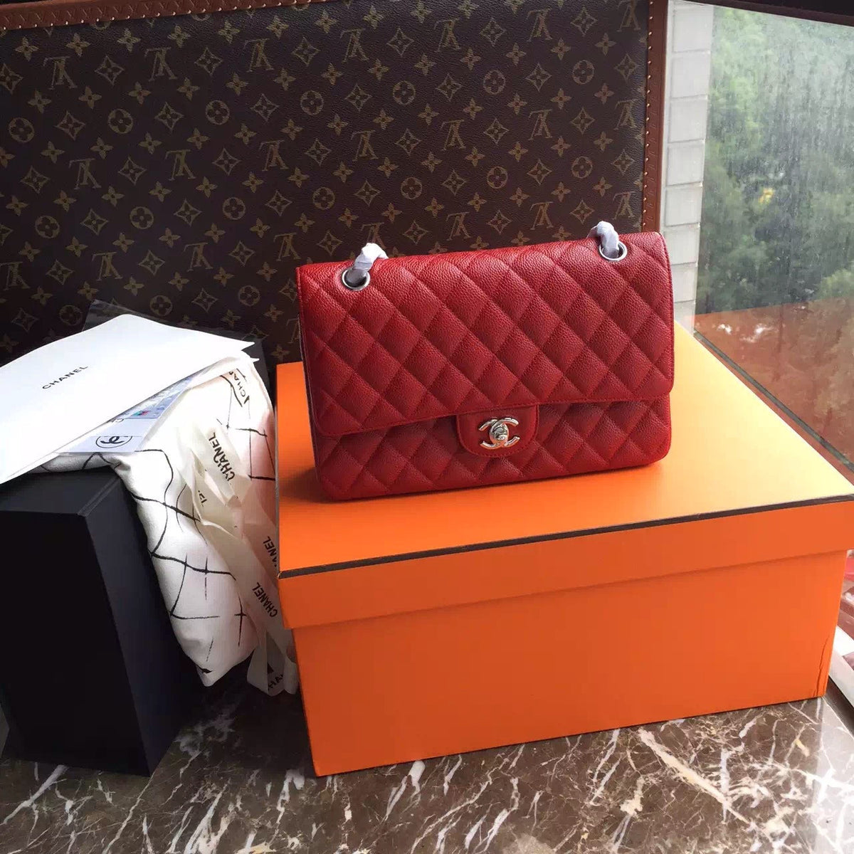CHANEL Red Lambskin Leather Classic Double Flap 2.55 Shoulder Bag Silver HW