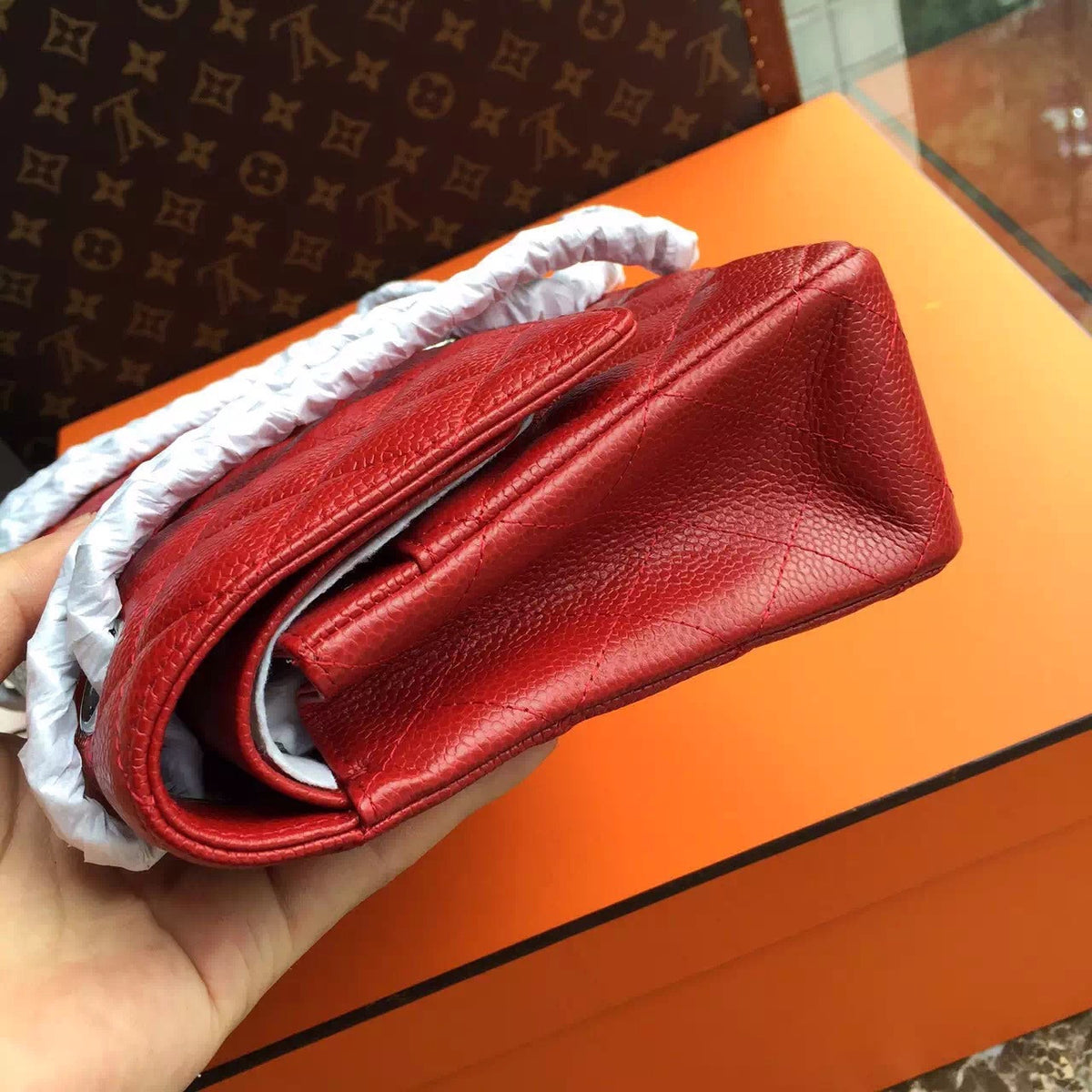 CHANEL Red Lambskin Leather Classic Double Flap 2.55 Shoulder Bag Silver HW