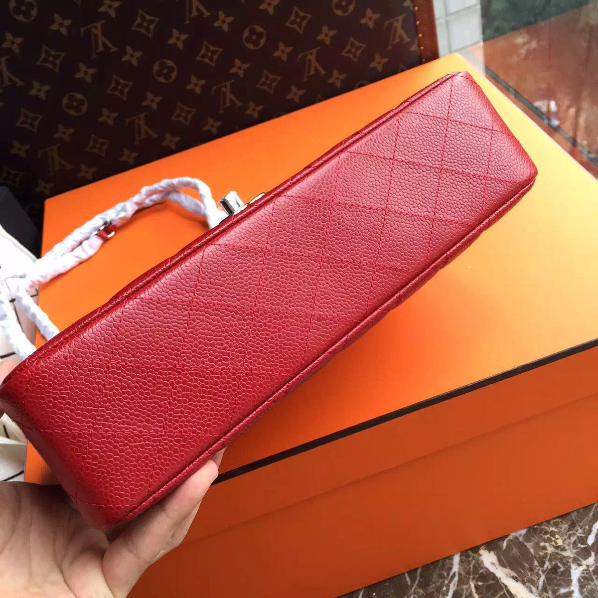 CHANEL Red Lambskin Leather Classic Double Flap 2.55 Shoulder Bag Silver HW