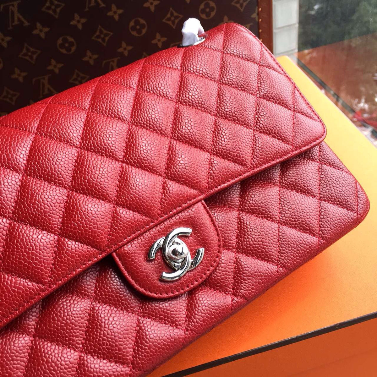 CHANEL Red Lambskin Leather Classic Double Flap 2.55 Shoulder Bag Silver HW