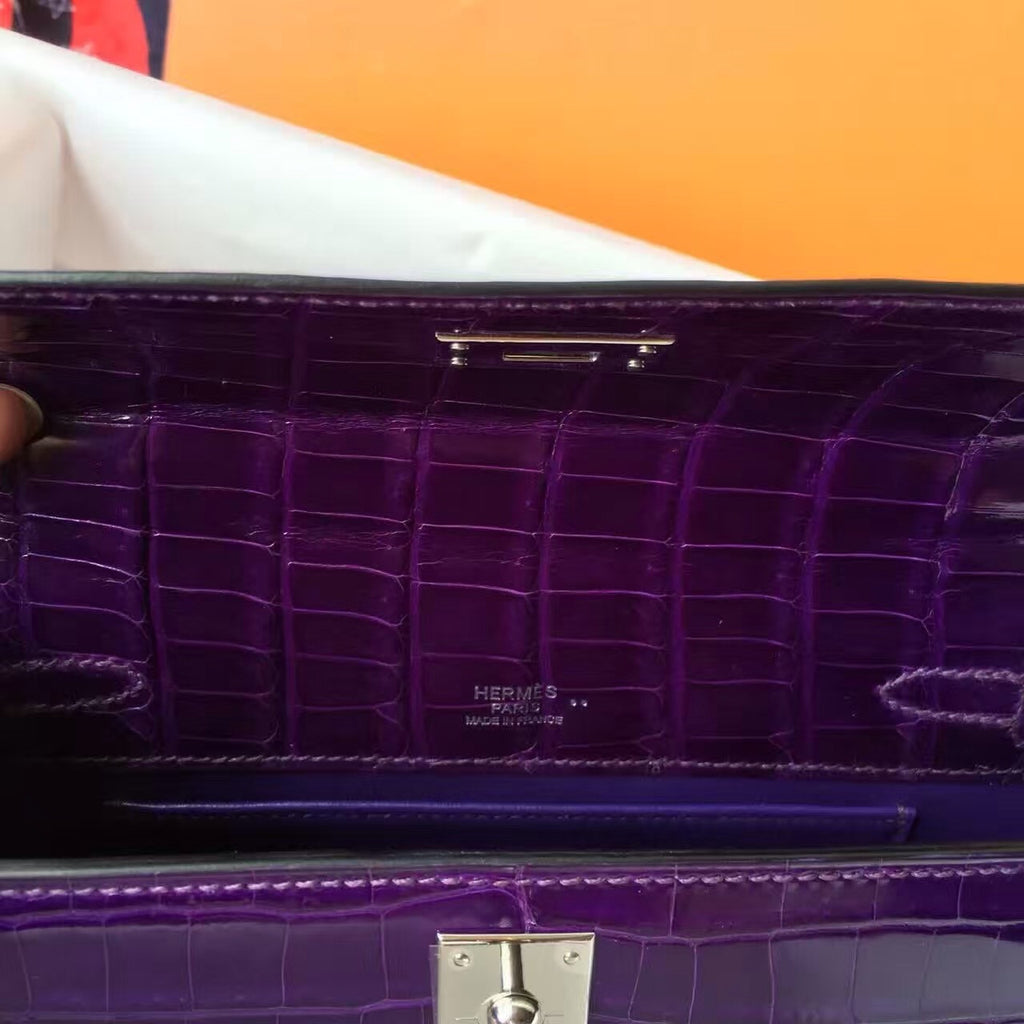 Hermes Violet Mini Kelly Pochette Gator Shine with Palladium Hardware