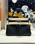 Hermes LIMITED EDITION BLACK SWIFT LEATHER LAKIS KELLY 28 WITH Palladium HARDWARE