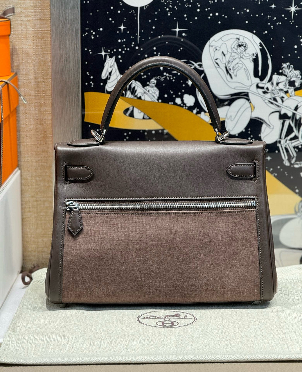 Hermes LIMITED EDITION SWIFT LEATHER & TOILE CAMOUFLAGE LAKIS KELLY 28 WITH PALLADIUM HARDWARE