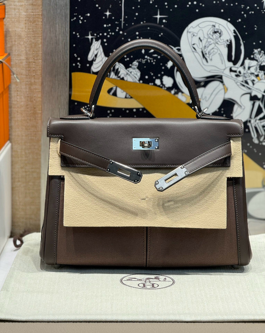 Hermes LIMITED EDITION SWIFT LEATHER & TOILE CAMOUFLAGE LAKIS KELLY 28 WITH PALLADIUM HARDWARE