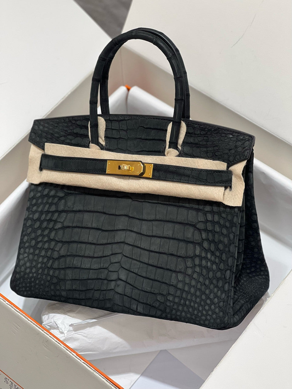 HERMES BIRKIN 30 BAG FROSTED BLACK ALLIGATOR GOLD HARDWARE