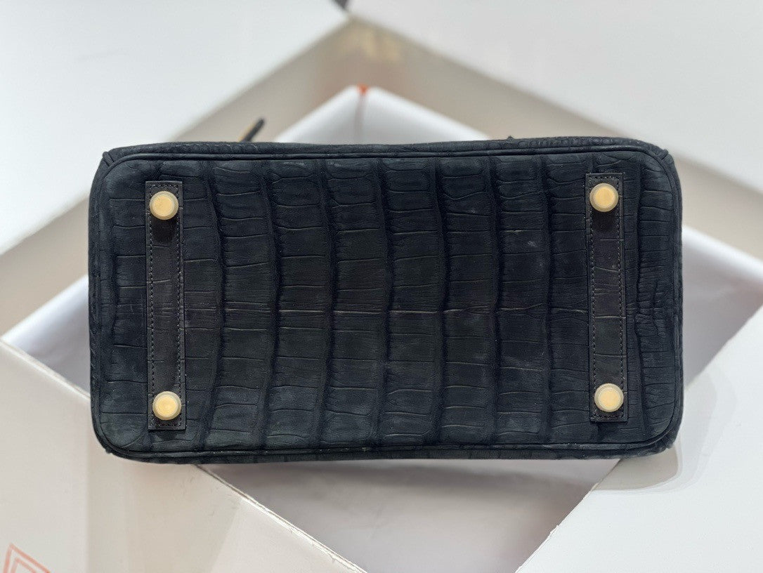 HERMES BIRKIN 30 BAG FROSTED BLACK ALLIGATOR GOLD HARDWARE