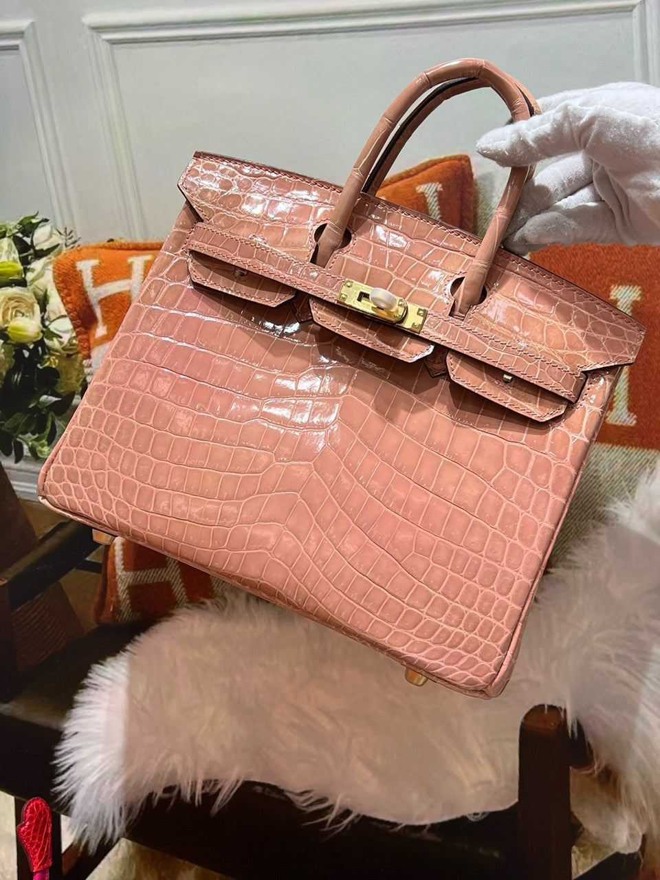 Hermès Birkin 25 Crevette Shiny Crocodile Niloticus Gold Hardware