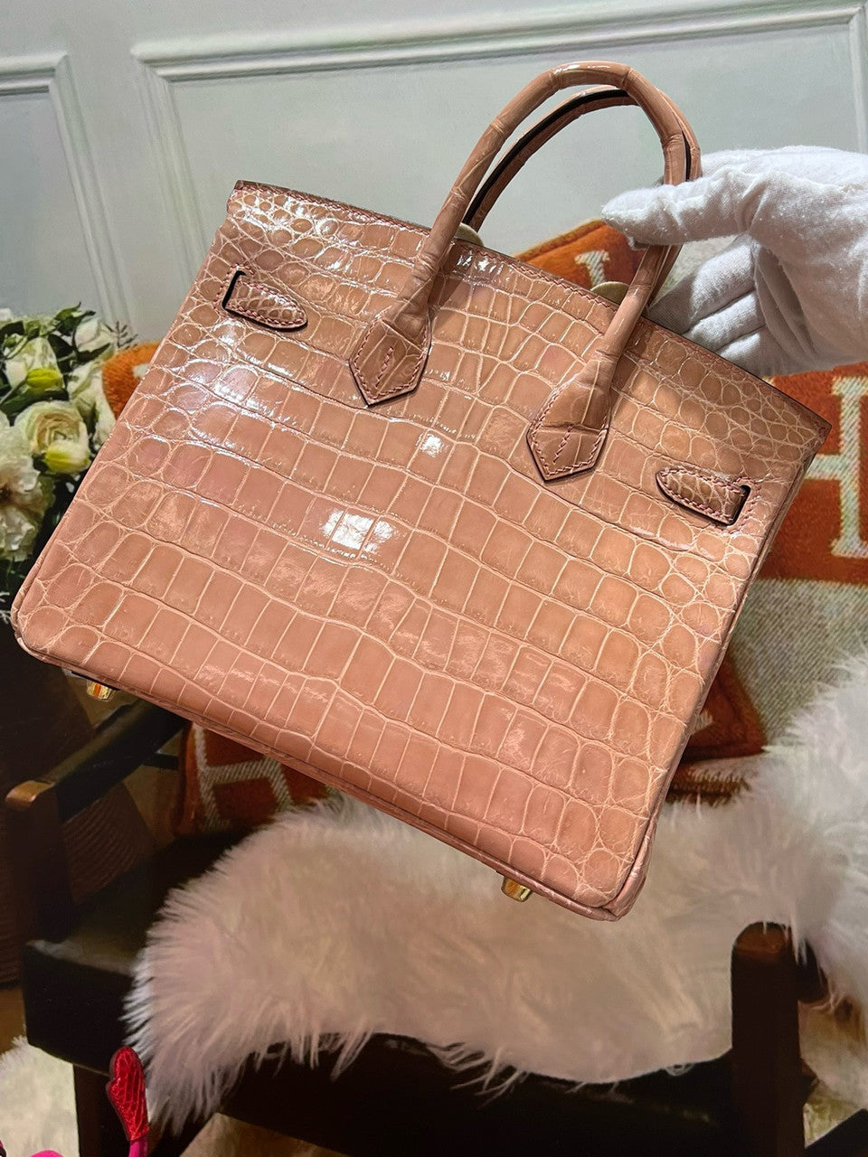 Hermès Birkin 25 Crevette Shiny Crocodile Niloticus Gold Hardware