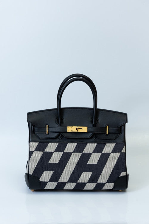 Vintage Hermès Birkin 30 Black Swift with Painted Ulysses Toile H Canvas & Gold Hardware