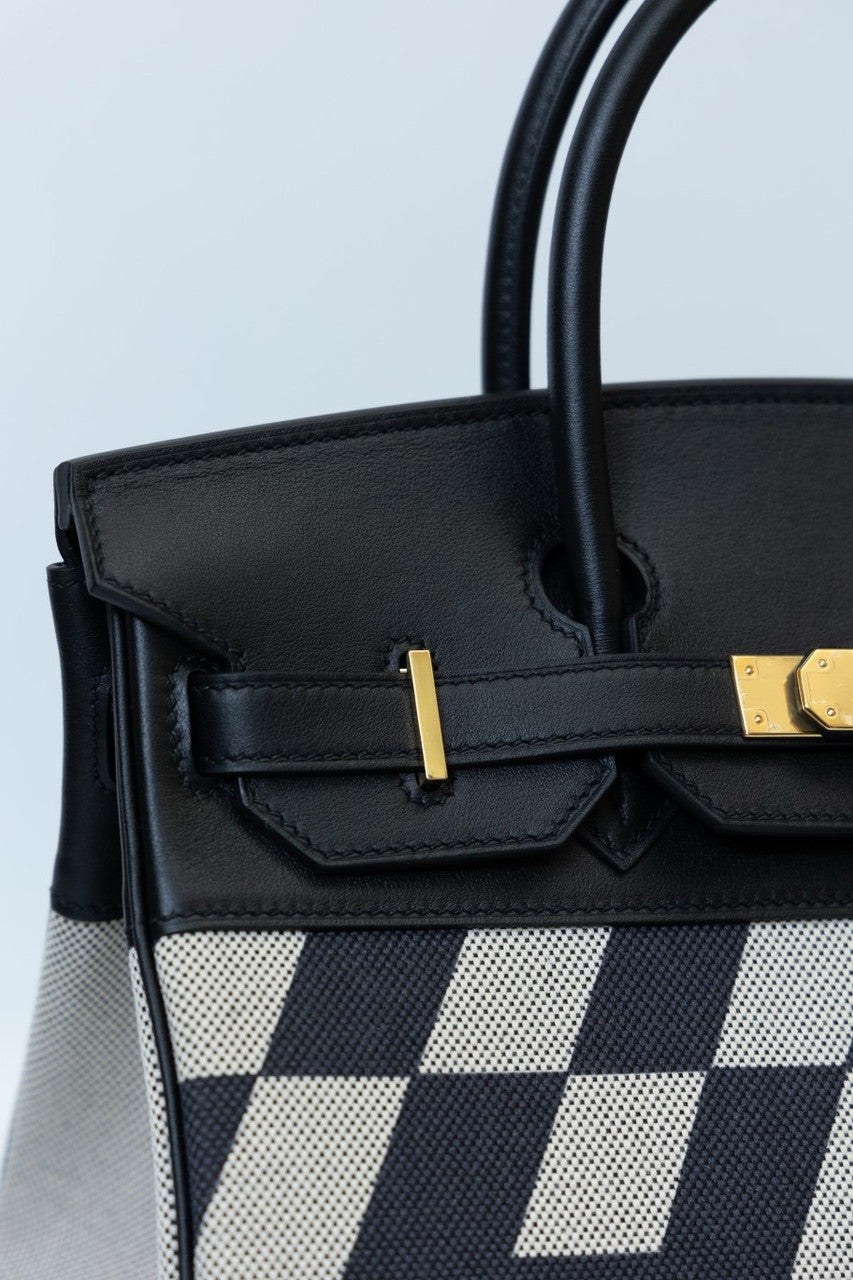 Vintage Hermès Birkin 30 Black Swift with Painted Ulysses Toile H Canvas & Gold Hardware