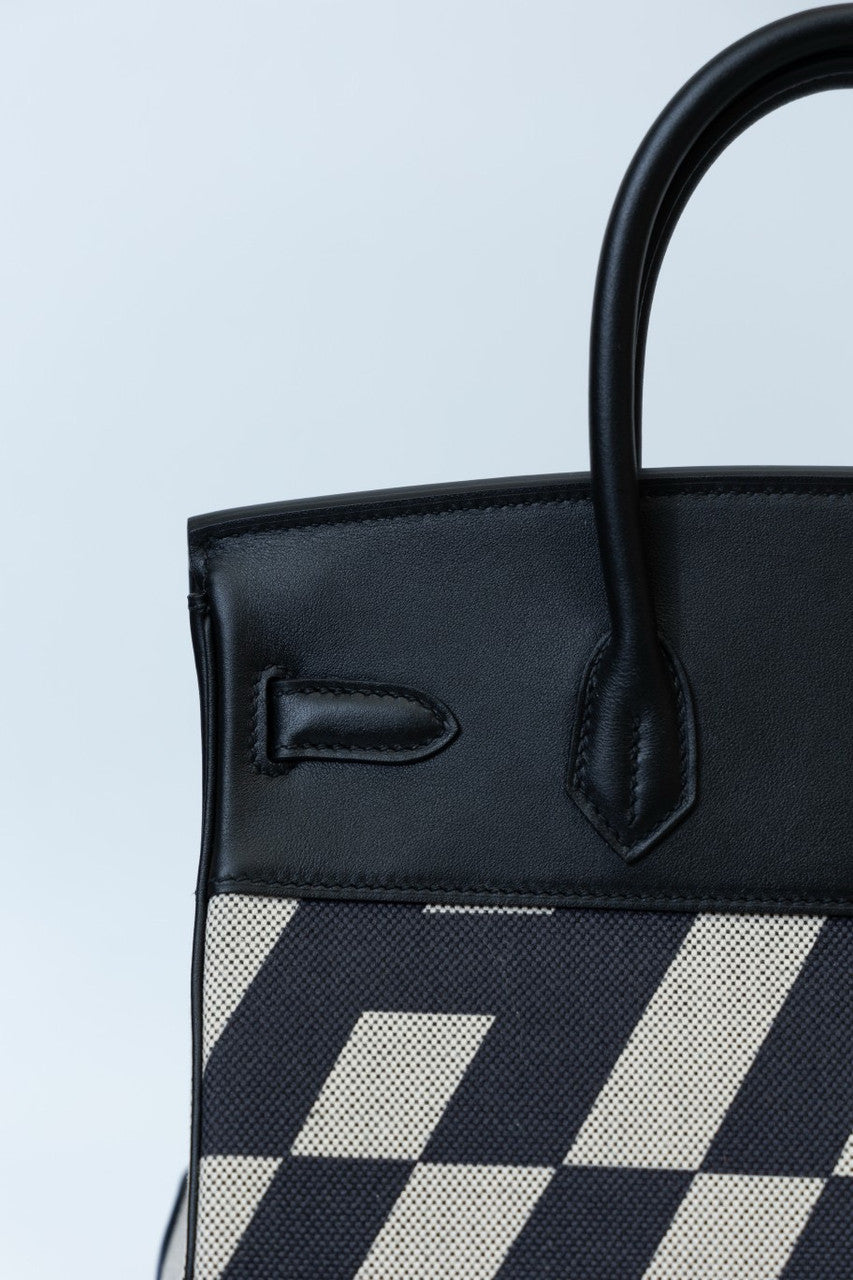 Vintage Hermès Birkin 30 Black Swift with Painted Ulysses Toile H Canvas & Gold Hardware