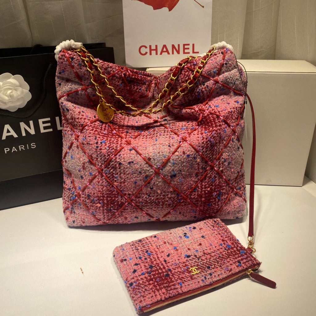 CHANEL 22 HANDBAG Wool Tweed Large  Pink