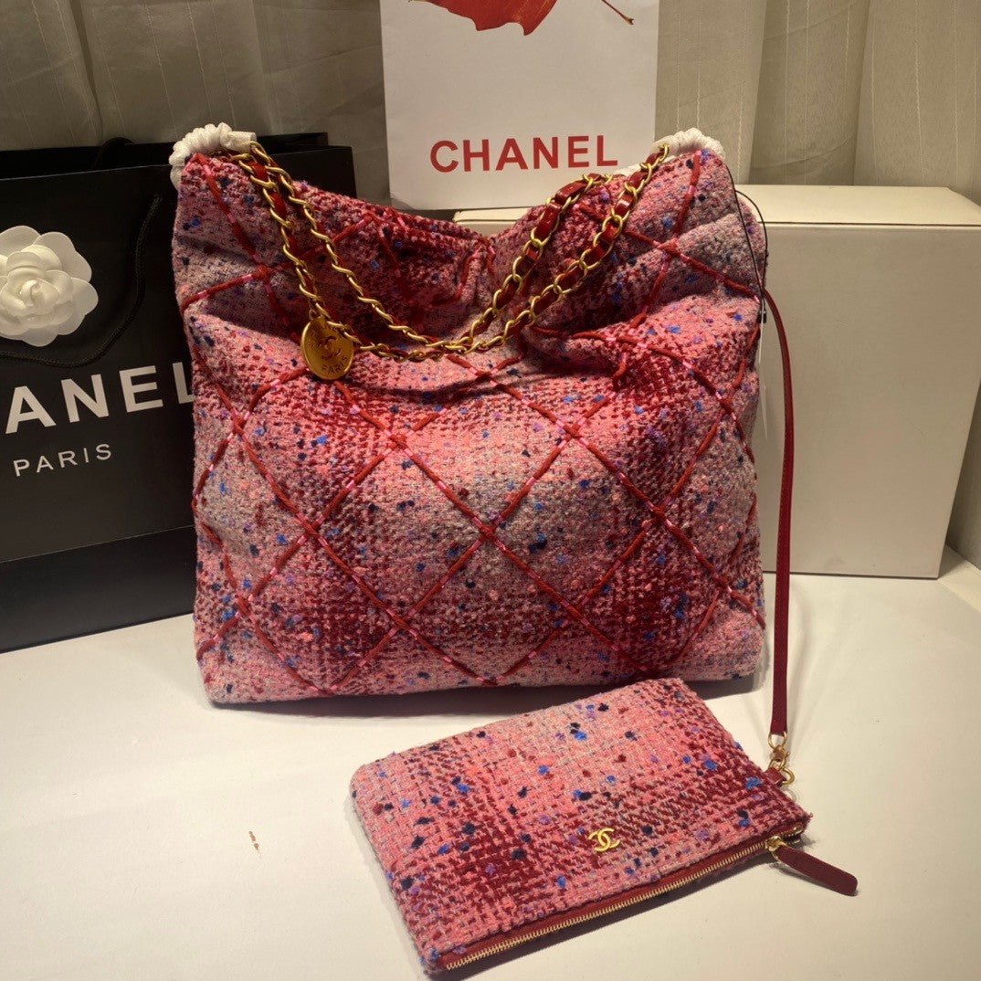 CHANEL 22 HANDBAG Wool Tweed Large  Pink
