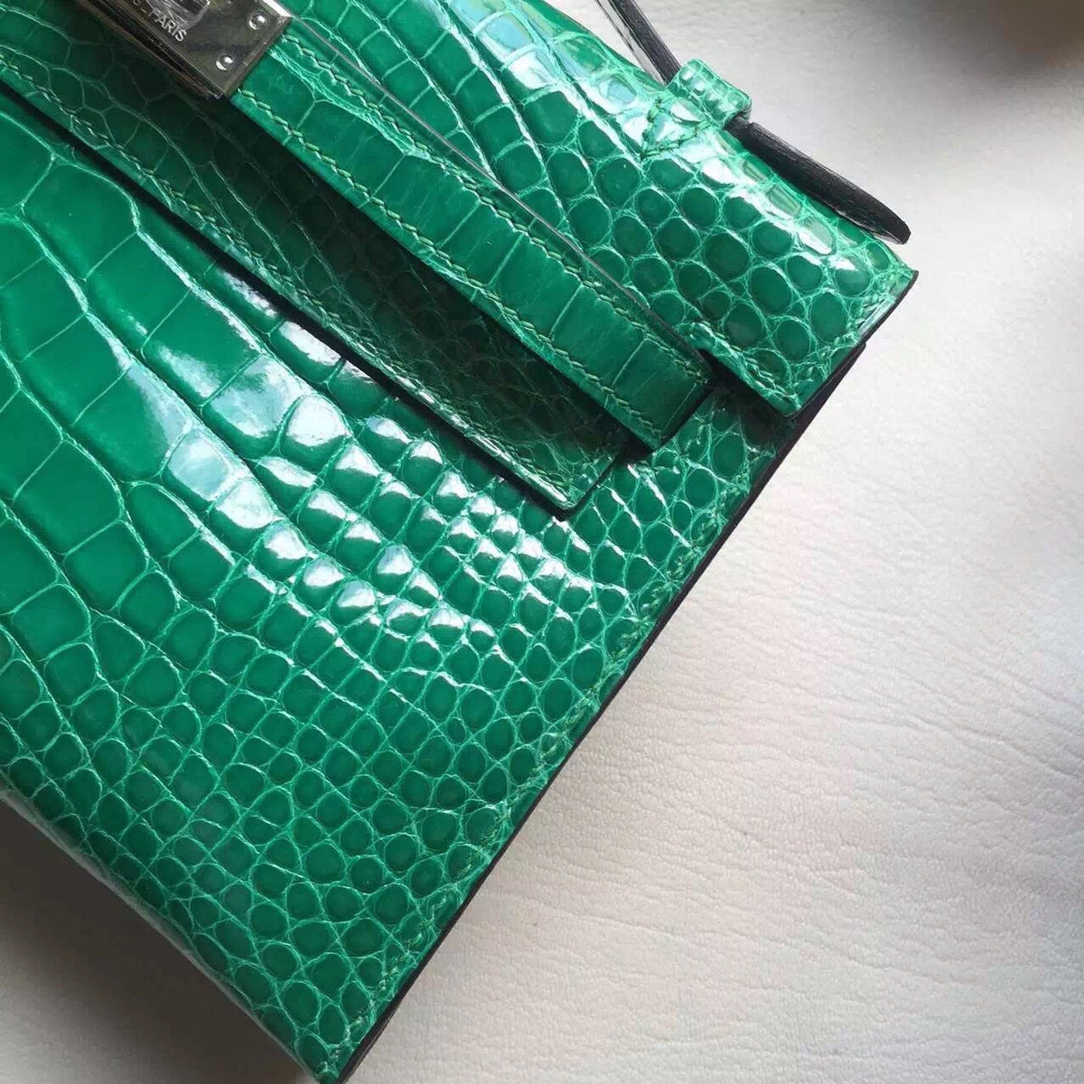 Hermes Emerald SF100 Mini Kelly Pochette Gator Shine with Palladium Hardware