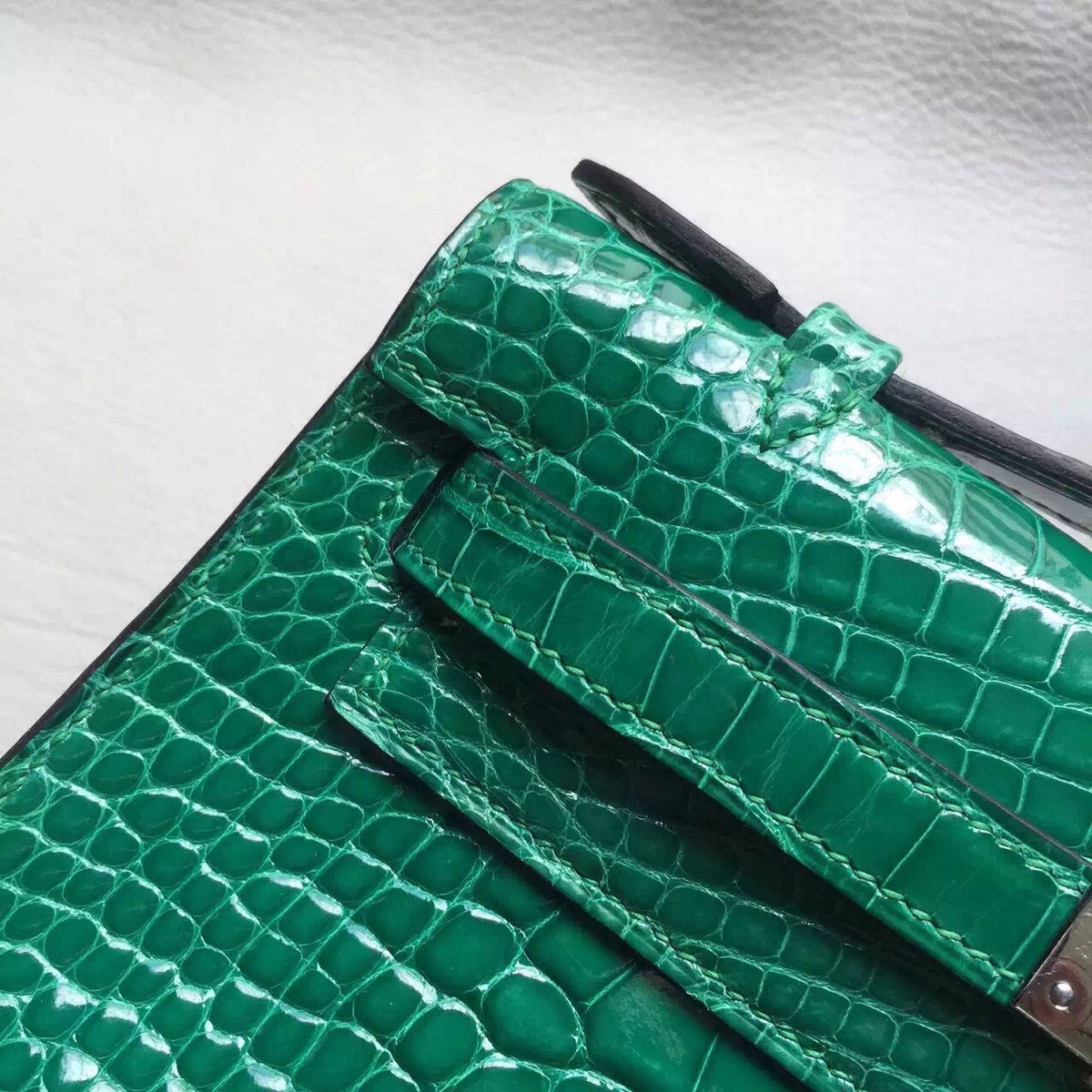 Hermes Emerald SF100 Mini Kelly Pochette Gator Shine with Palladium Hardware