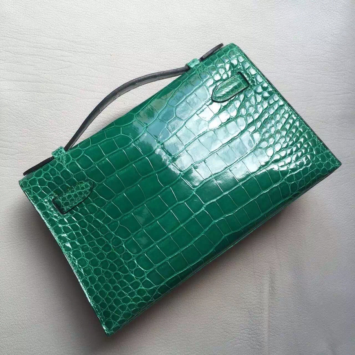 Hermes Emerald SF100 Mini Kelly Pochette Gator Shine with Palladium Hardware