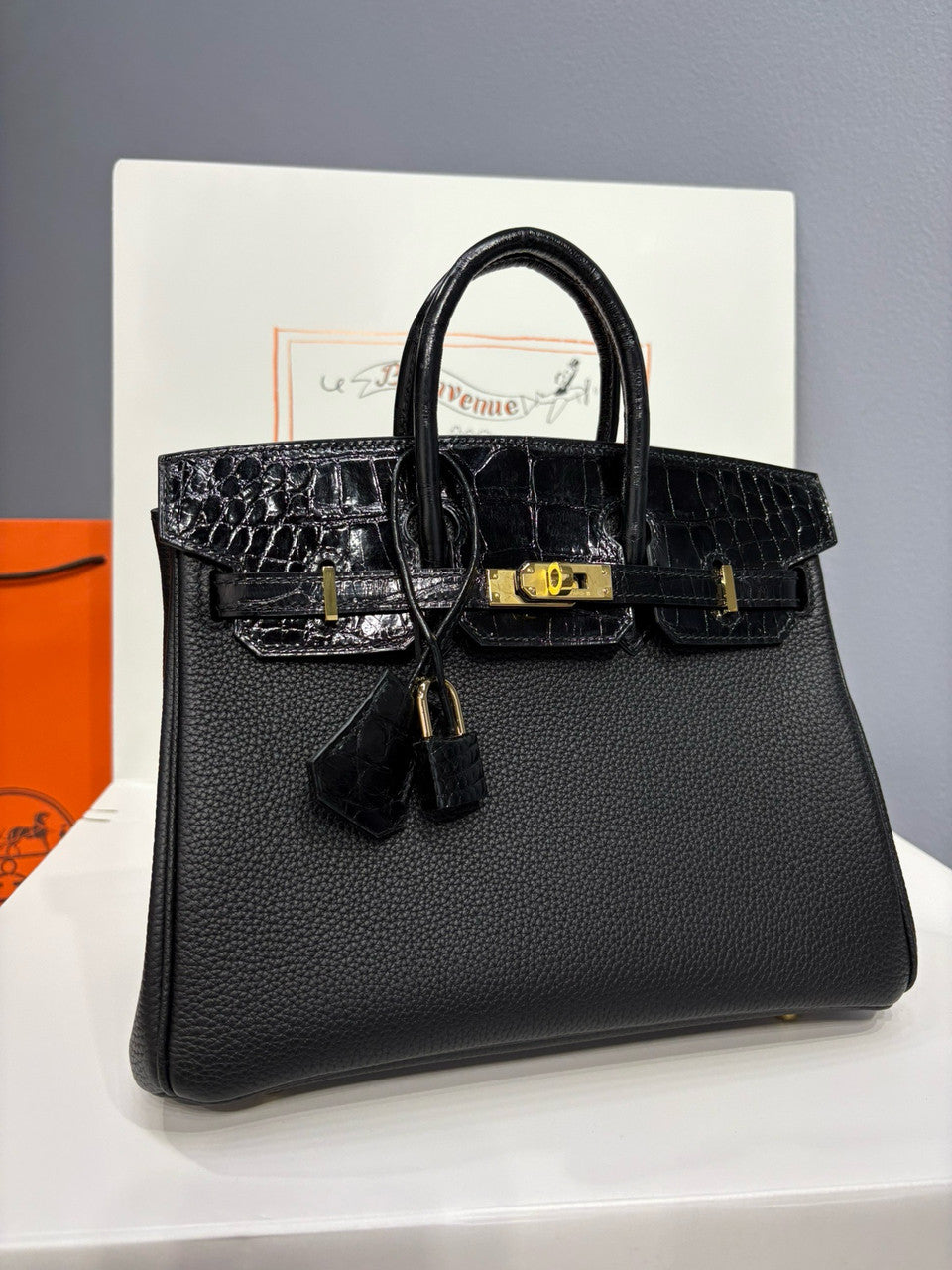Hermes Birkin Touch 25 Black Porosus Crocodile Black Togo  leather with Gold Hardware