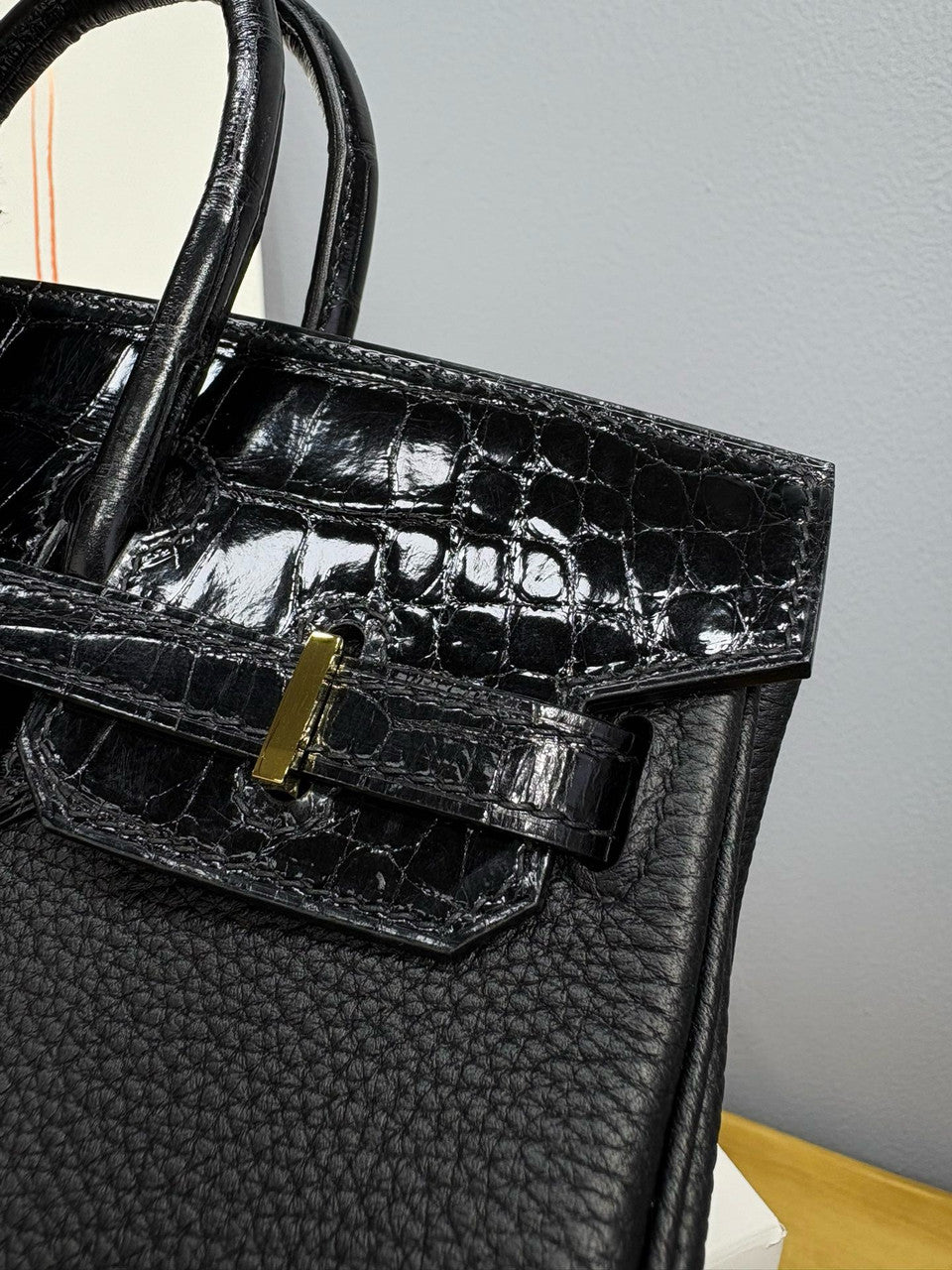 Hermes Birkin Touch 25 Black Porosus Crocodile Black Togo  leather with Gold Hardware