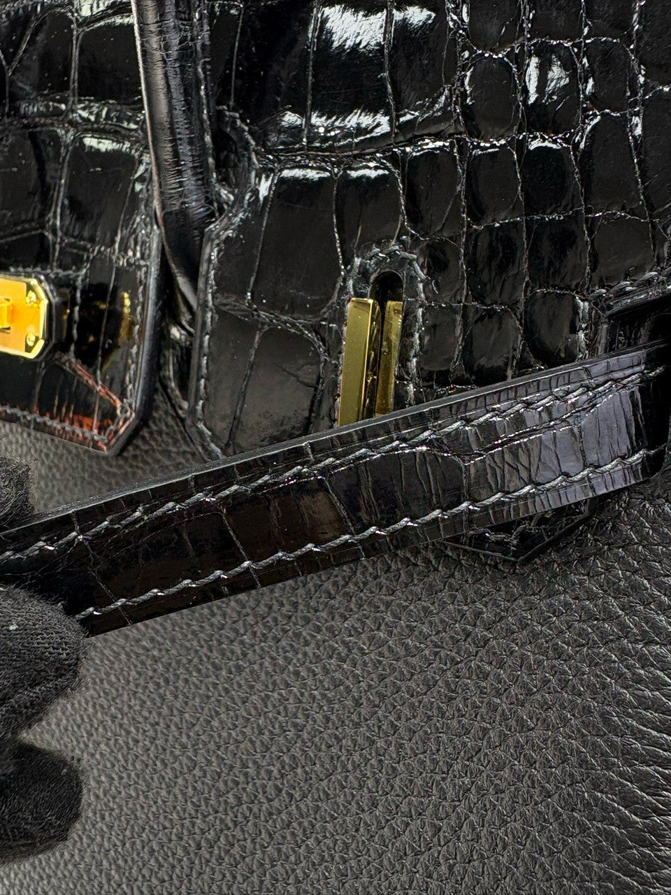 Hermes Birkin Touch 25 Black Porosus Crocodile Black Togo  leather with Gold Hardware