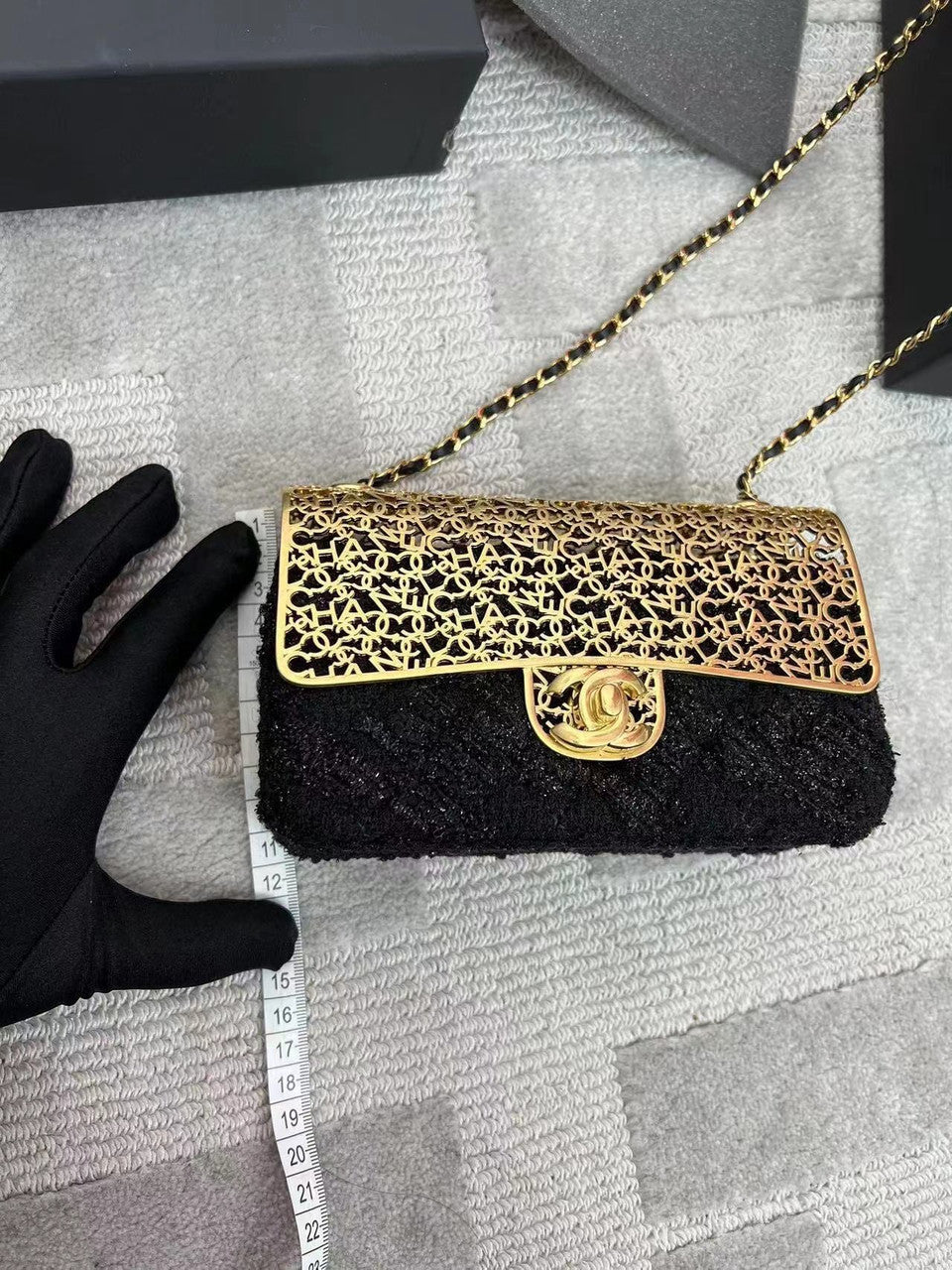 Chanel MINI EVENING BAG Wool Tweed & Gold-Tone Metal Black