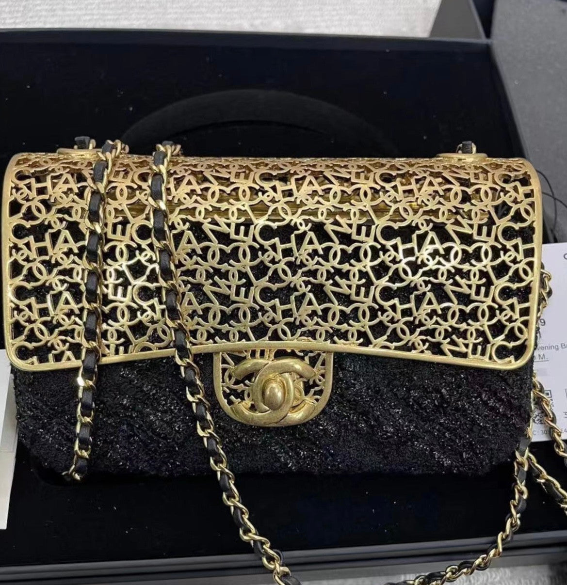 Chanel MINI EVENING BAG Wool Tweed & Gold-Tone Metal Black