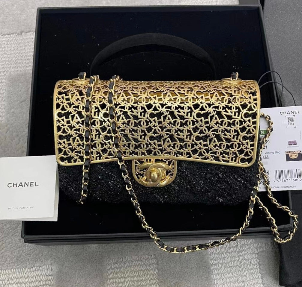 Chanel MINI EVENING BAG Wool Tweed & Gold-Tone Metal Black