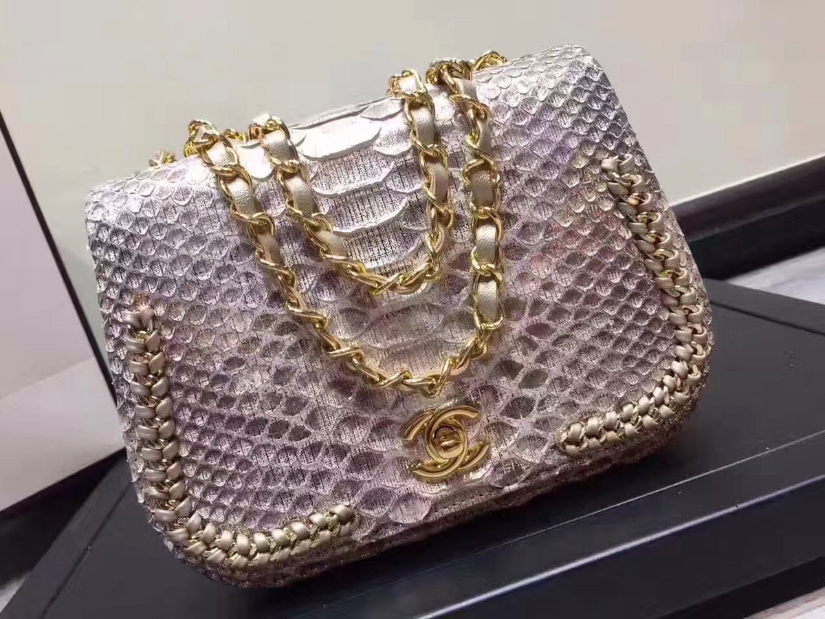 Chanel Flap Bag With Top Handle Python & Gold Metal Brown & White
