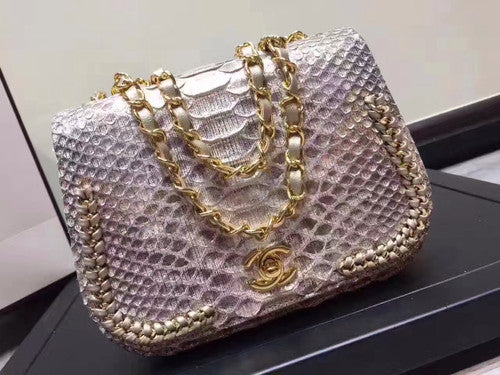 Chanel Flap Bag With Top Handle Python & Gold Metal Brown & White