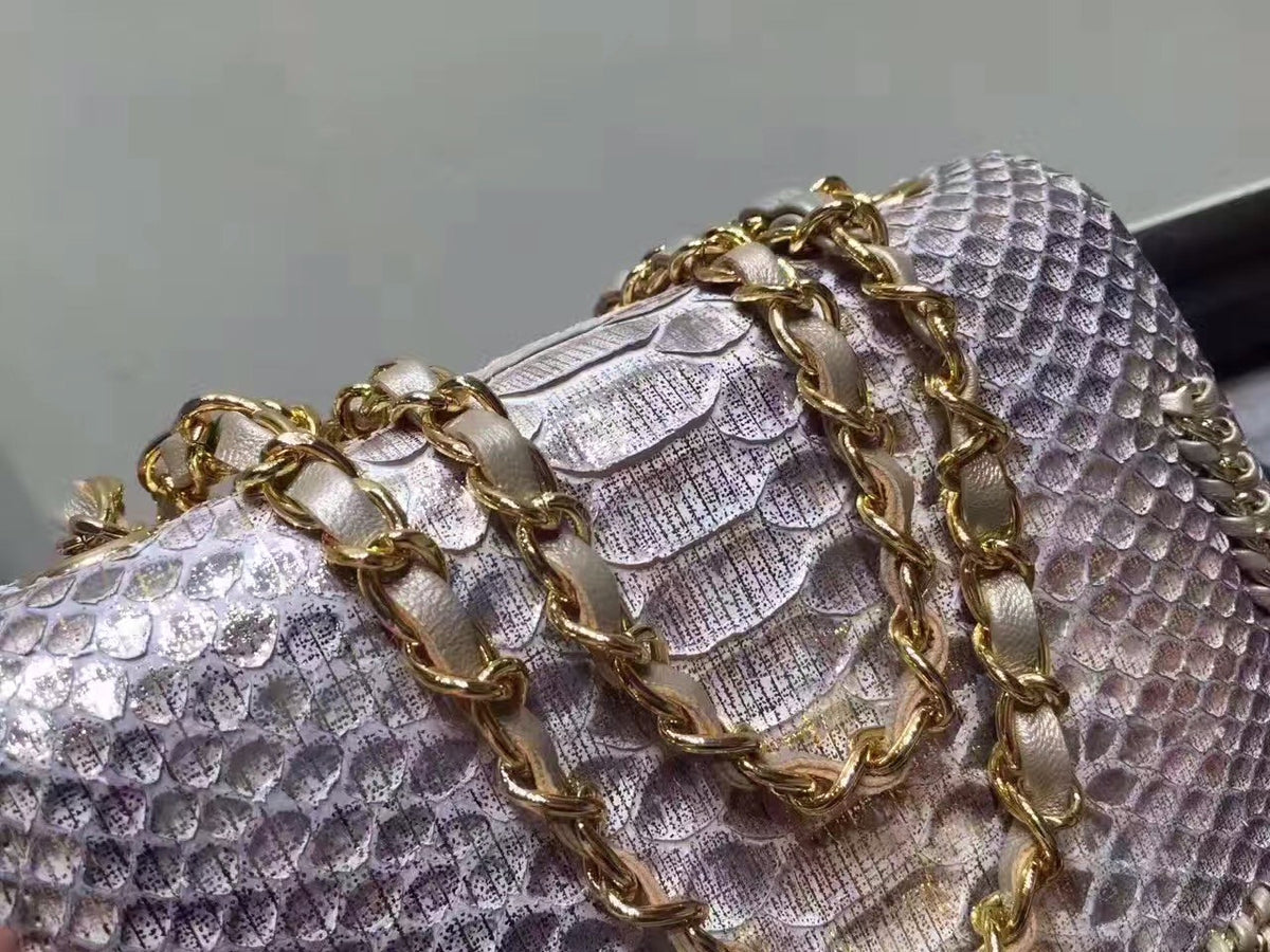 Chanel Flap Bag With Top Handle Python & Gold Metal Brown & White