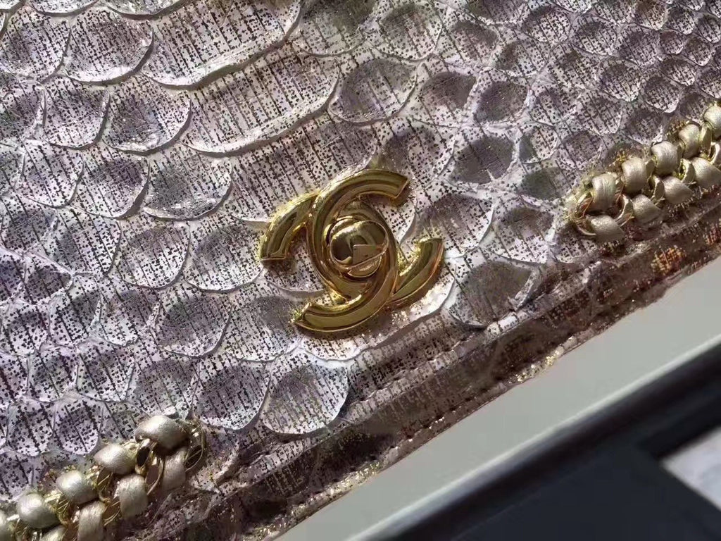 Chanel Flap Bag With Top Handle Python & Gold Metal Brown & White