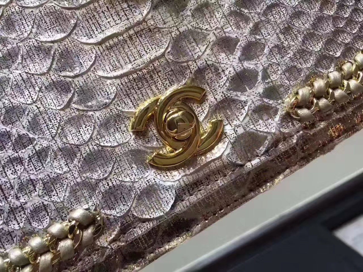 Chanel Flap Bag With Top Handle Python & Gold Metal Brown & White