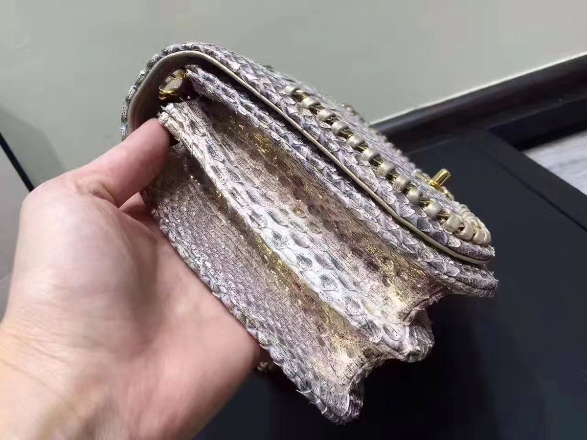 Chanel Flap Bag With Top Handle Python & Gold Metal Brown & White