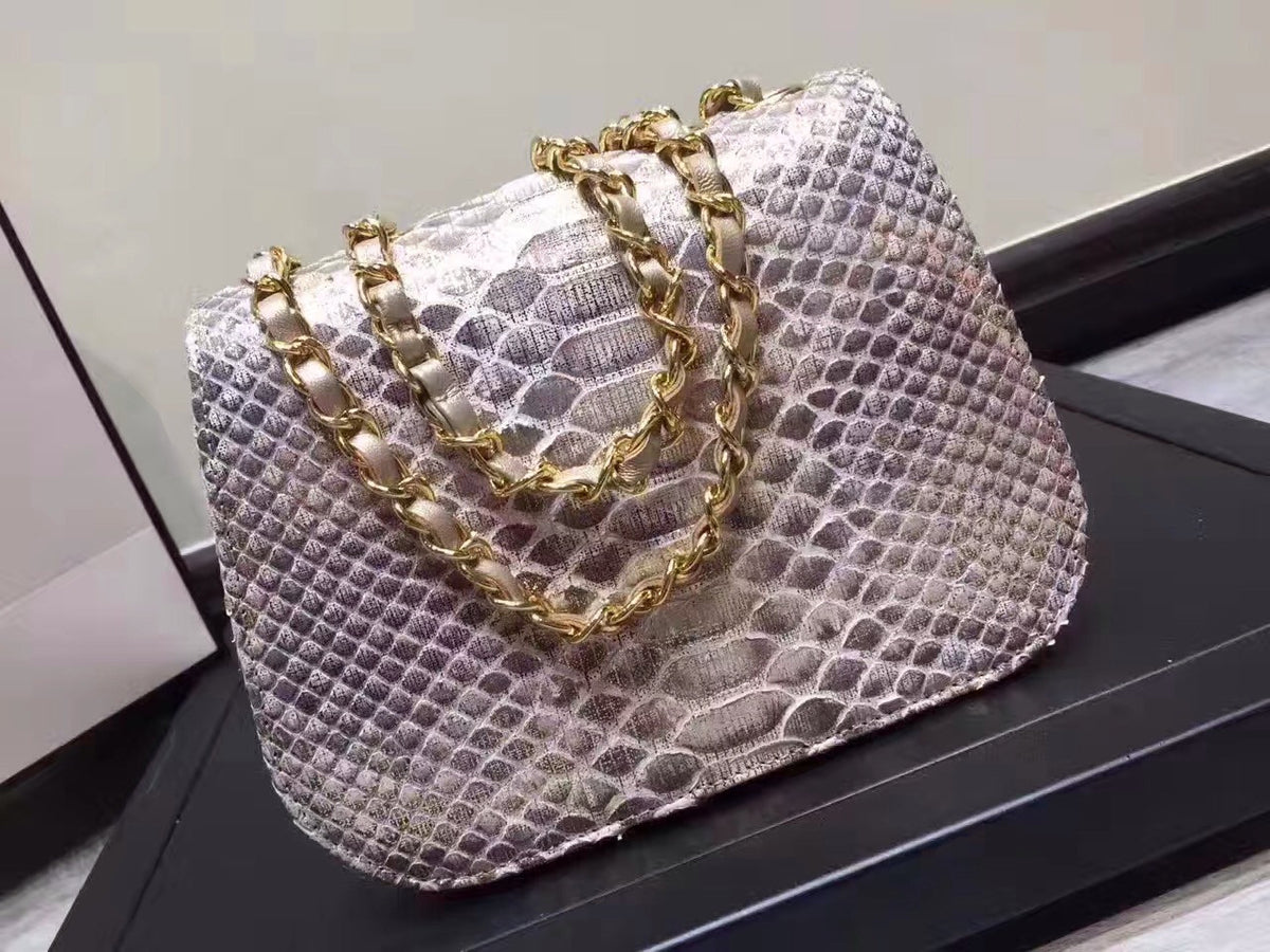 Chanel Flap Bag With Top Handle Python & Gold Metal Brown & White