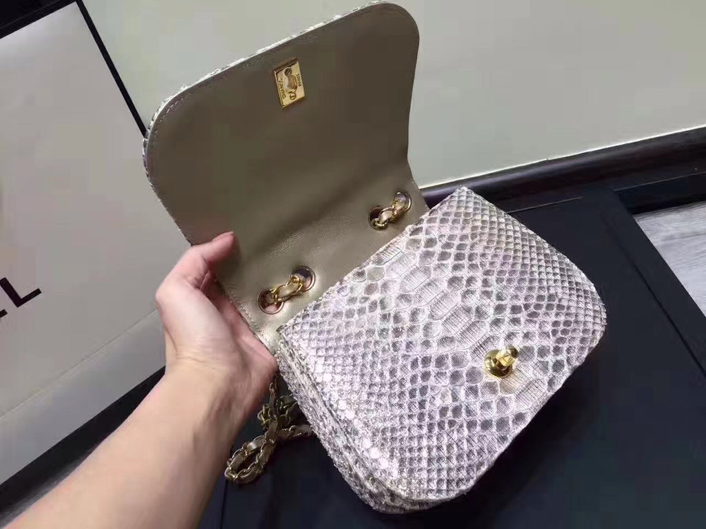 Chanel Flap Bag With Top Handle Python & Gold Metal Brown & White