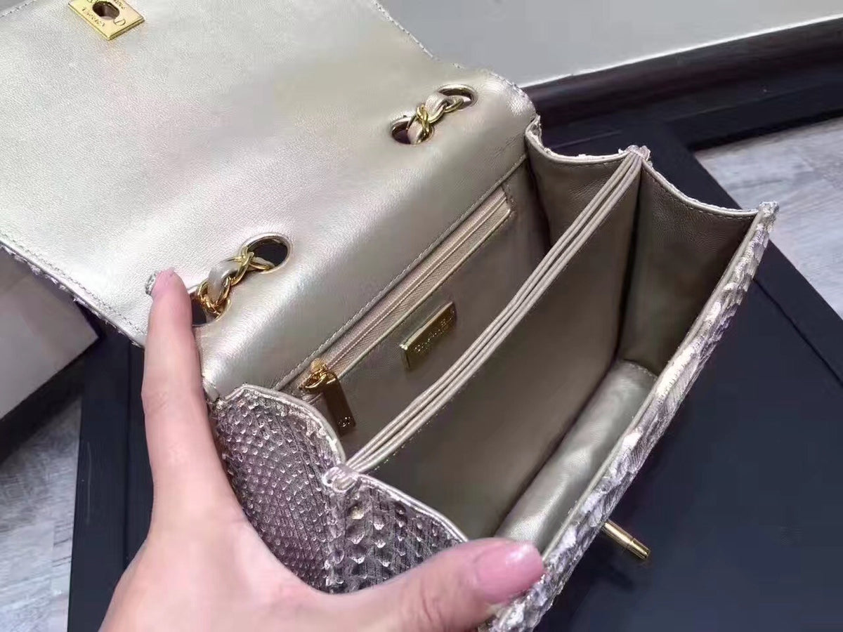 Chanel Flap Bag With Top Handle Python & Gold Metal Brown & White