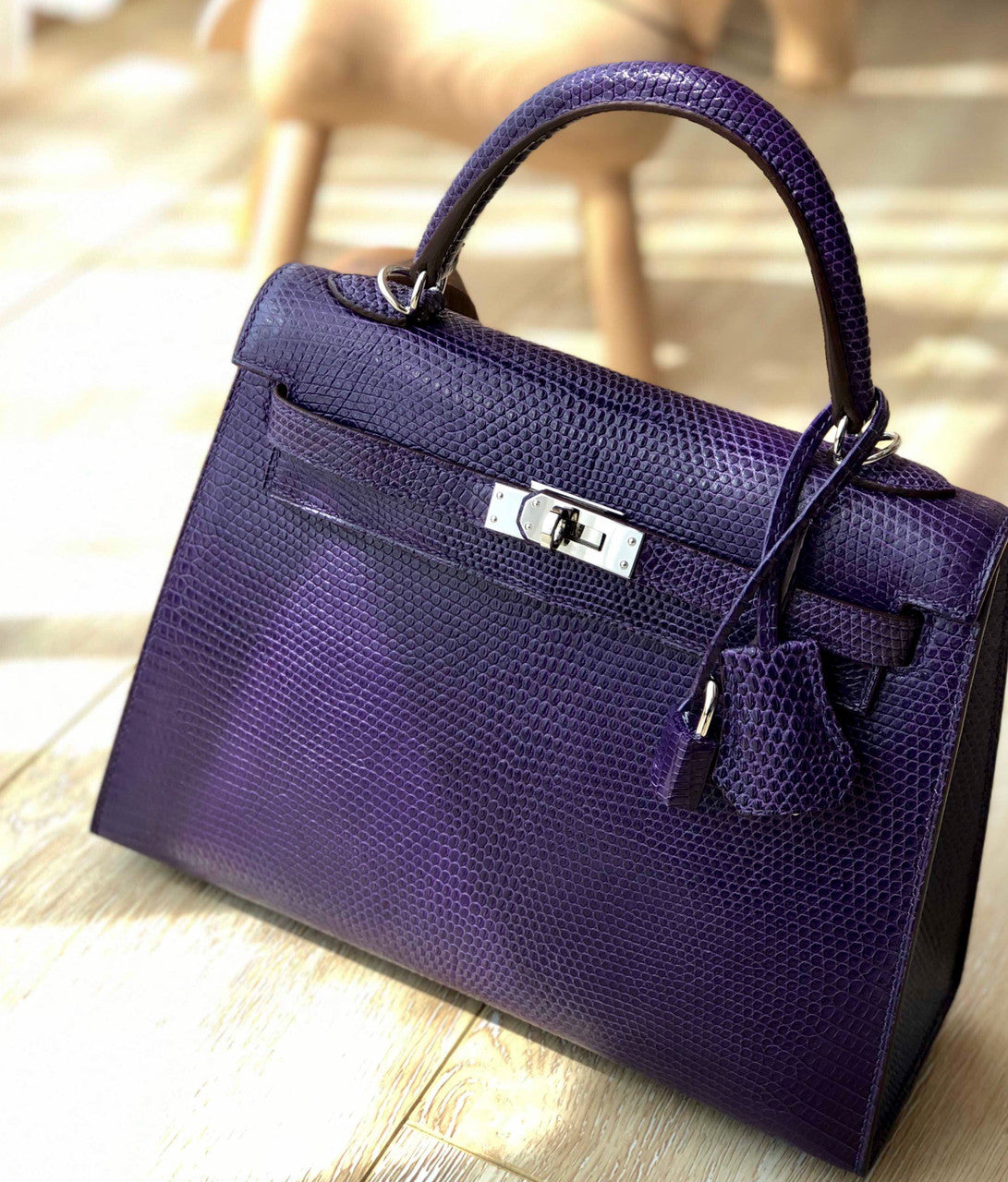 Hermes Kelly 25 Bag Sellier Purple  Lizard Palladium Hardware