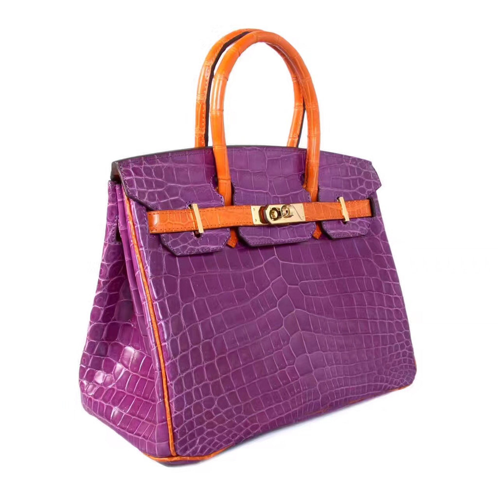 Hermes Special Order Violette/Orange Birkin 25 in Porosus  Crocodile with Gold hardware