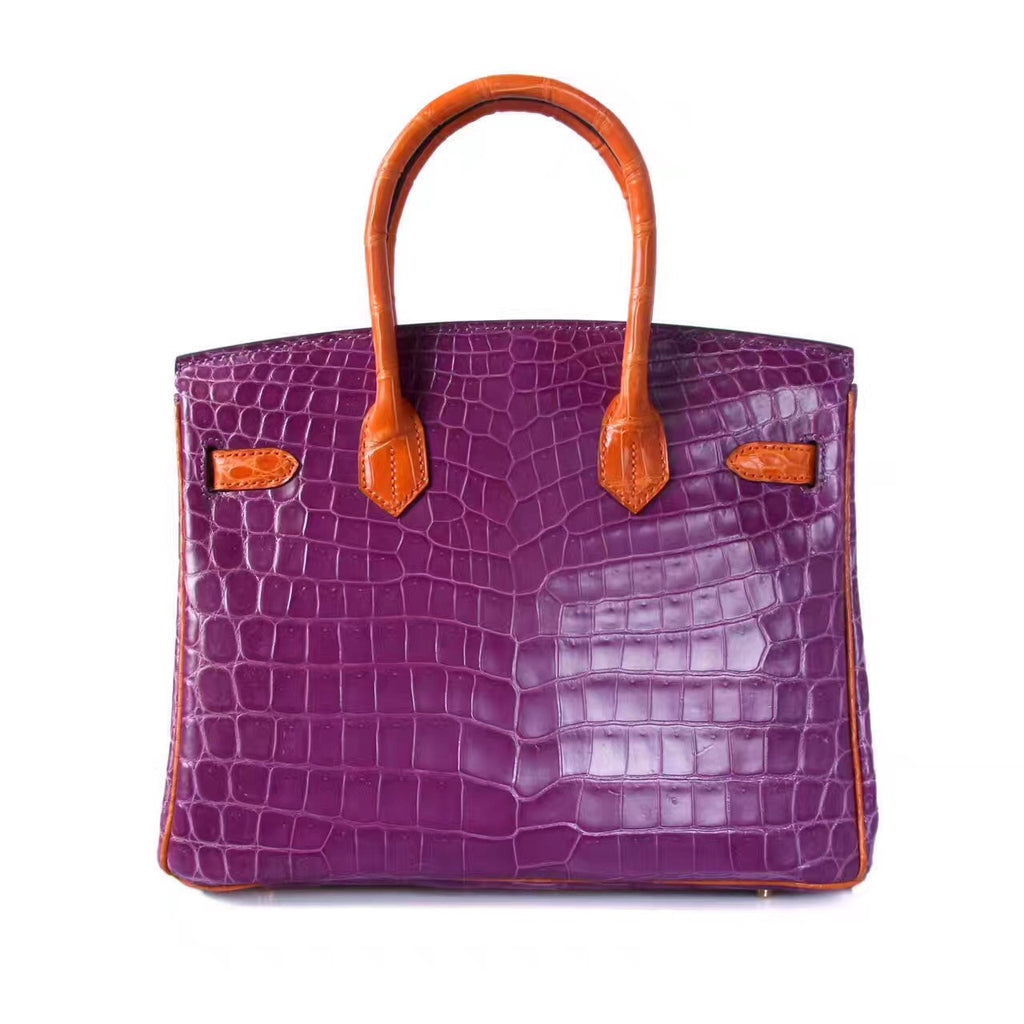 Hermes Special Order Violette/Orange Birkin 25 in Porosus  Crocodile with Gold hardware