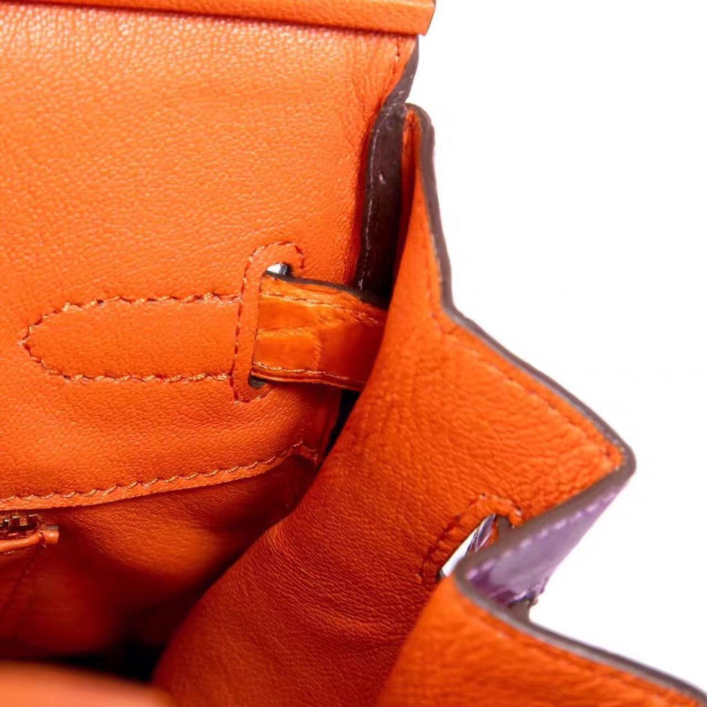 Hermes Special Order Violette/Orange Birkin 25 in Porosus  Crocodile with Gold hardware