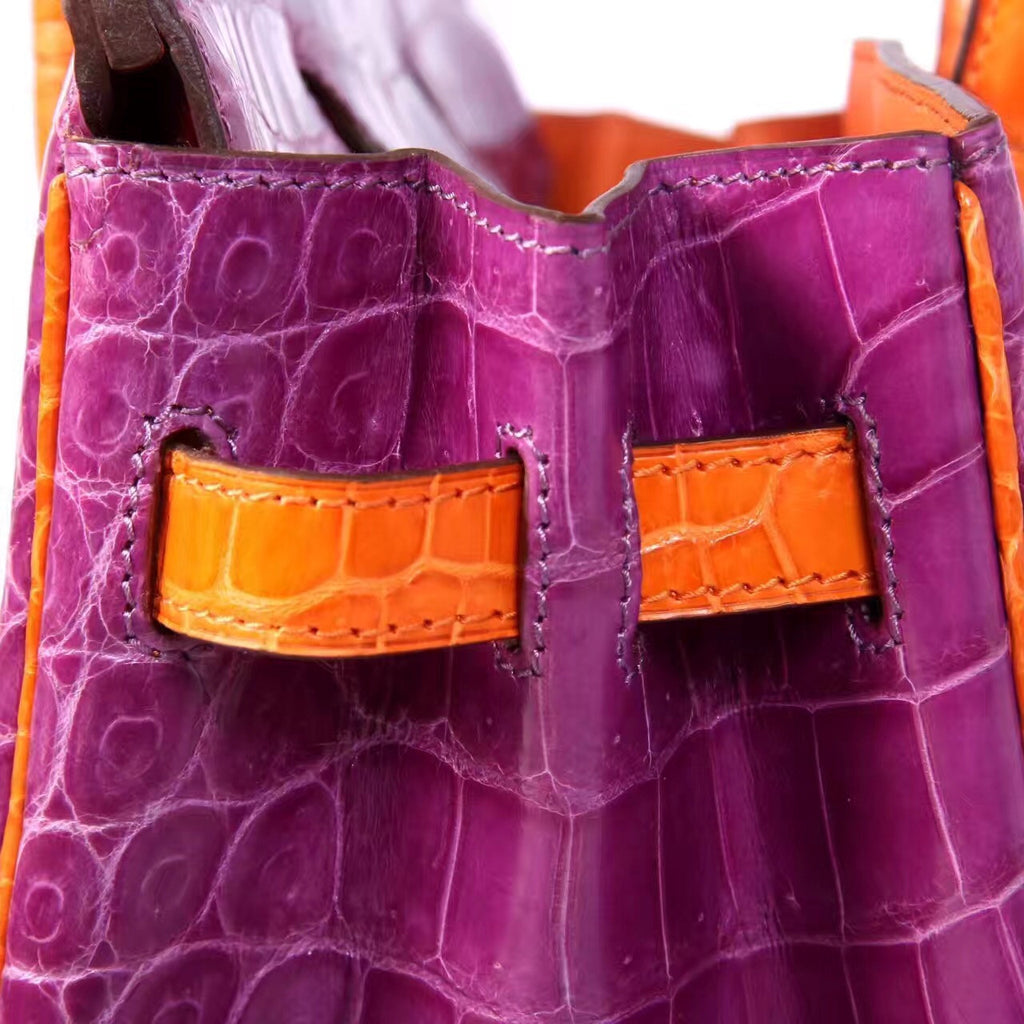 Hermes Special Order Violette/Orange Birkin 25 in Porosus  Crocodile with Gold hardware