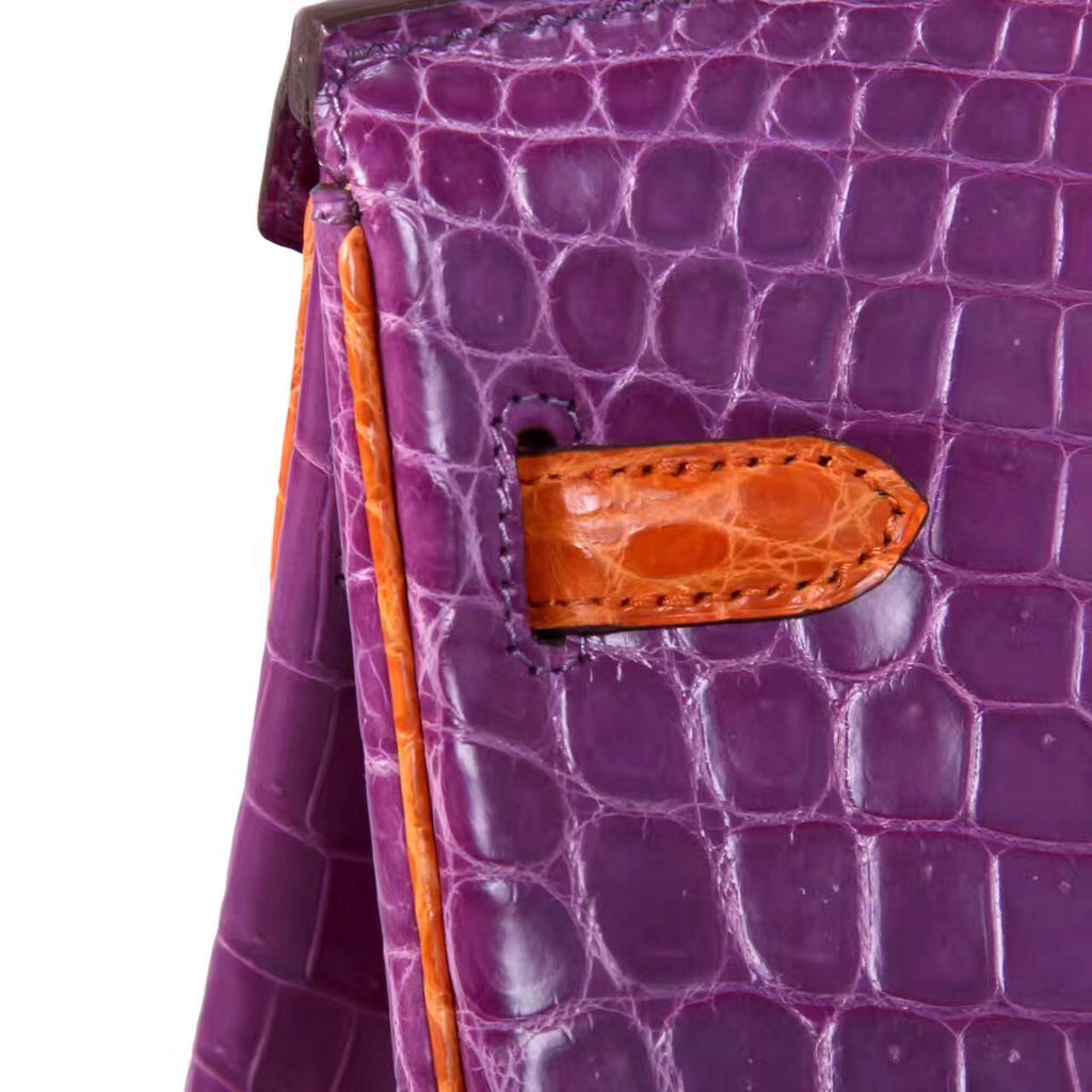 Hermes Special Order Violette/Orange Birkin 25 in Porosus  Crocodile with Gold hardware