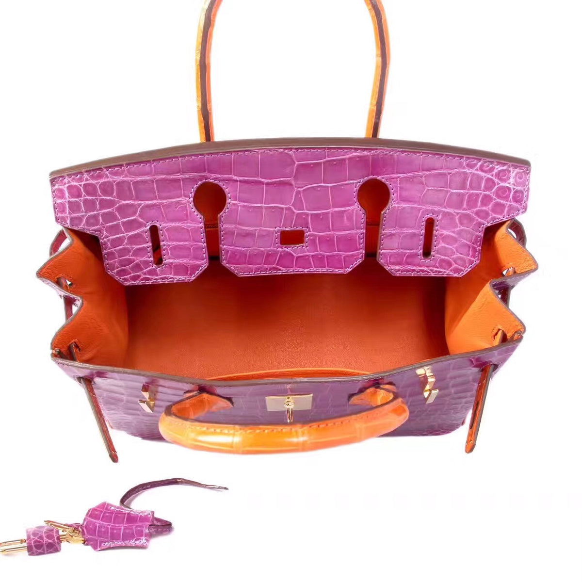 Hermes Special Order Violette/Orange Birkin 25 in Porosus  Crocodile with Gold hardware