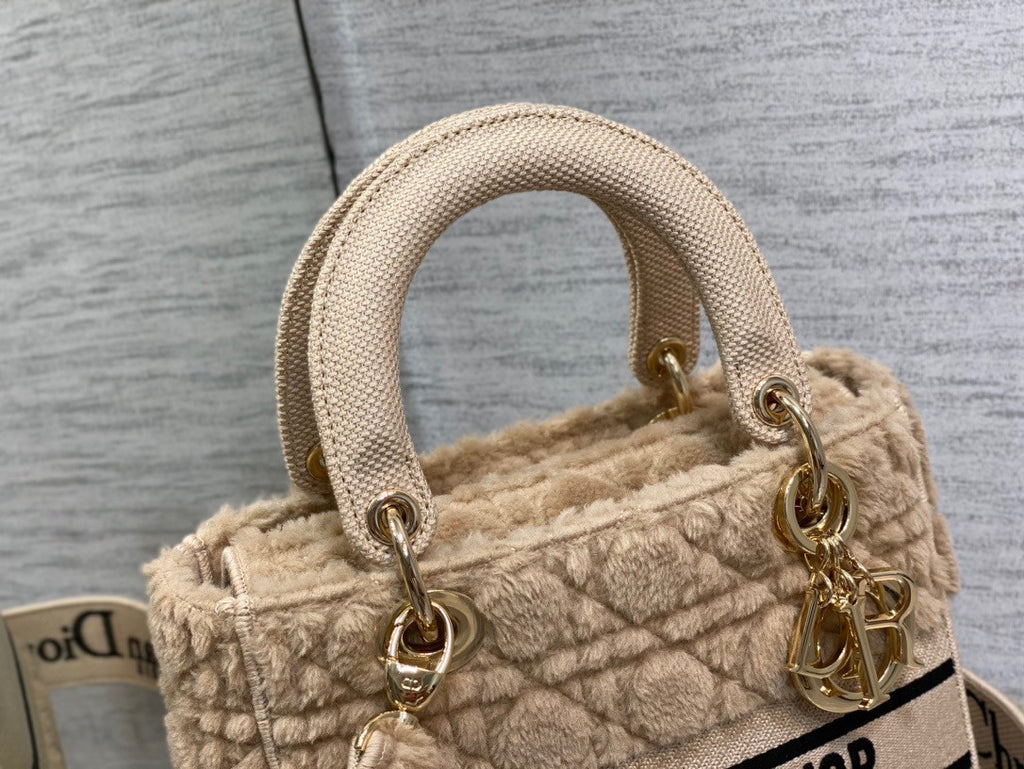 Christian Dior MEDIUM LADY D-LITE BAG Latte Cannage Shearling  Brown