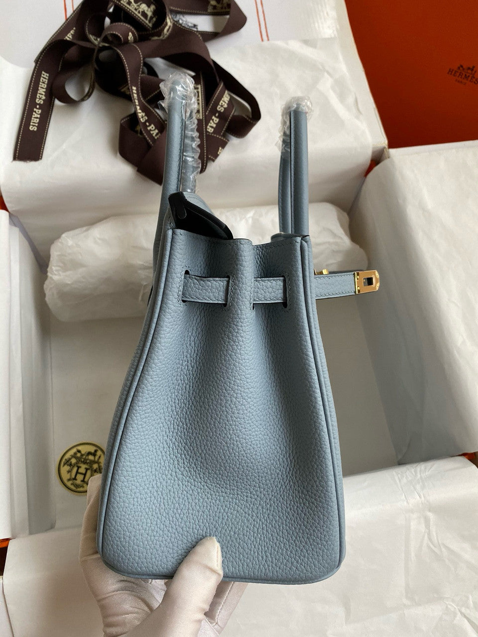 Hermes Blue Lin Birkin 25 cm Togo Gold Hardware