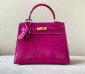 Hermes SHINY ROSE SHEHERAZADE NILOTICUS CROCODILE KELLY 25 WITH GOLD HARDWARE