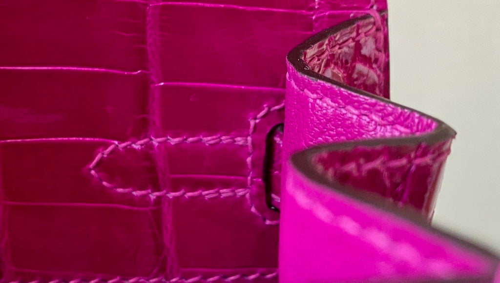 Hermes SHINY ROSE SHEHERAZADE NILOTICUS CROCODILE KELLY 25 WITH GOLD HARDWARE