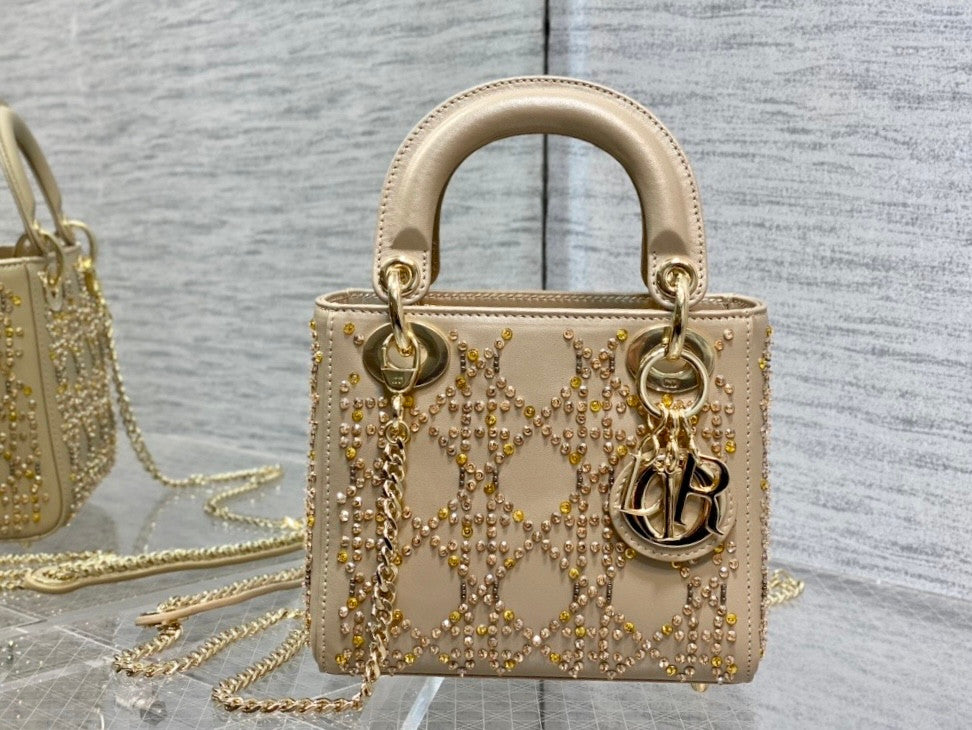 Christian Dior MINI LADY DIOR BAG Metallic Cannage Calfskin with Platinum Beaded Embroidery