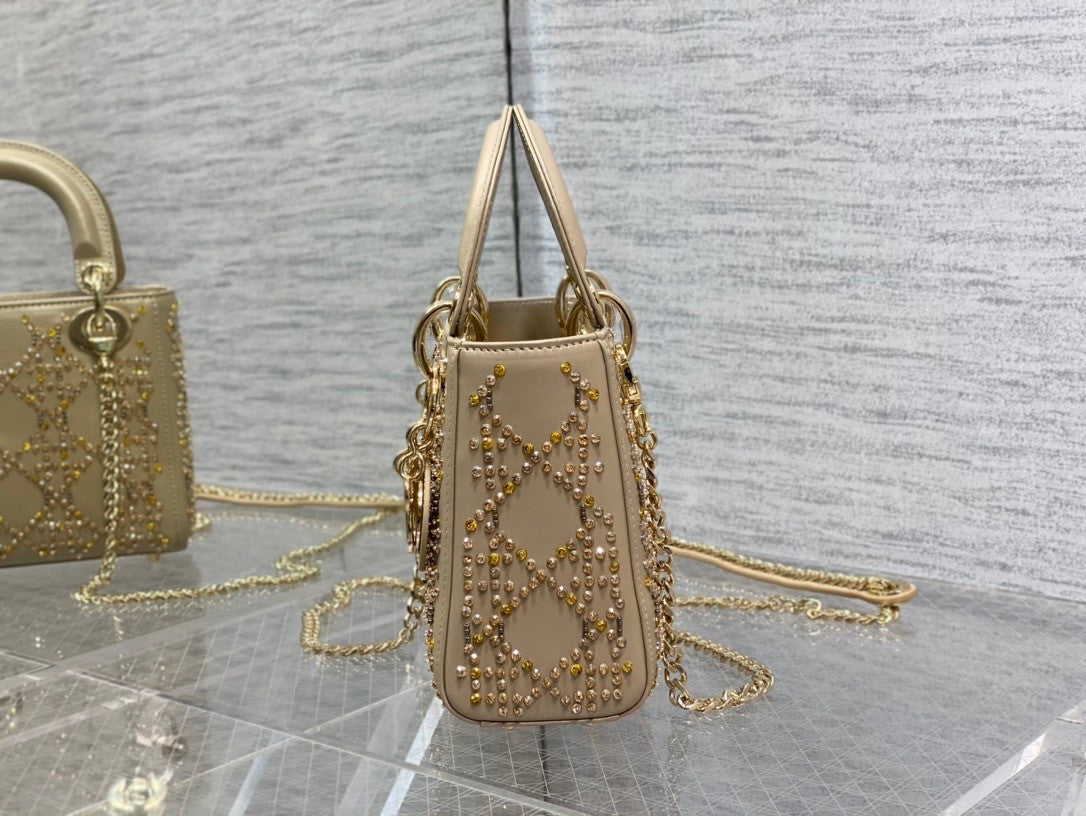 Christian Dior MINI LADY DIOR BAG Metallic Cannage Calfskin with Platinum Beaded Embroidery