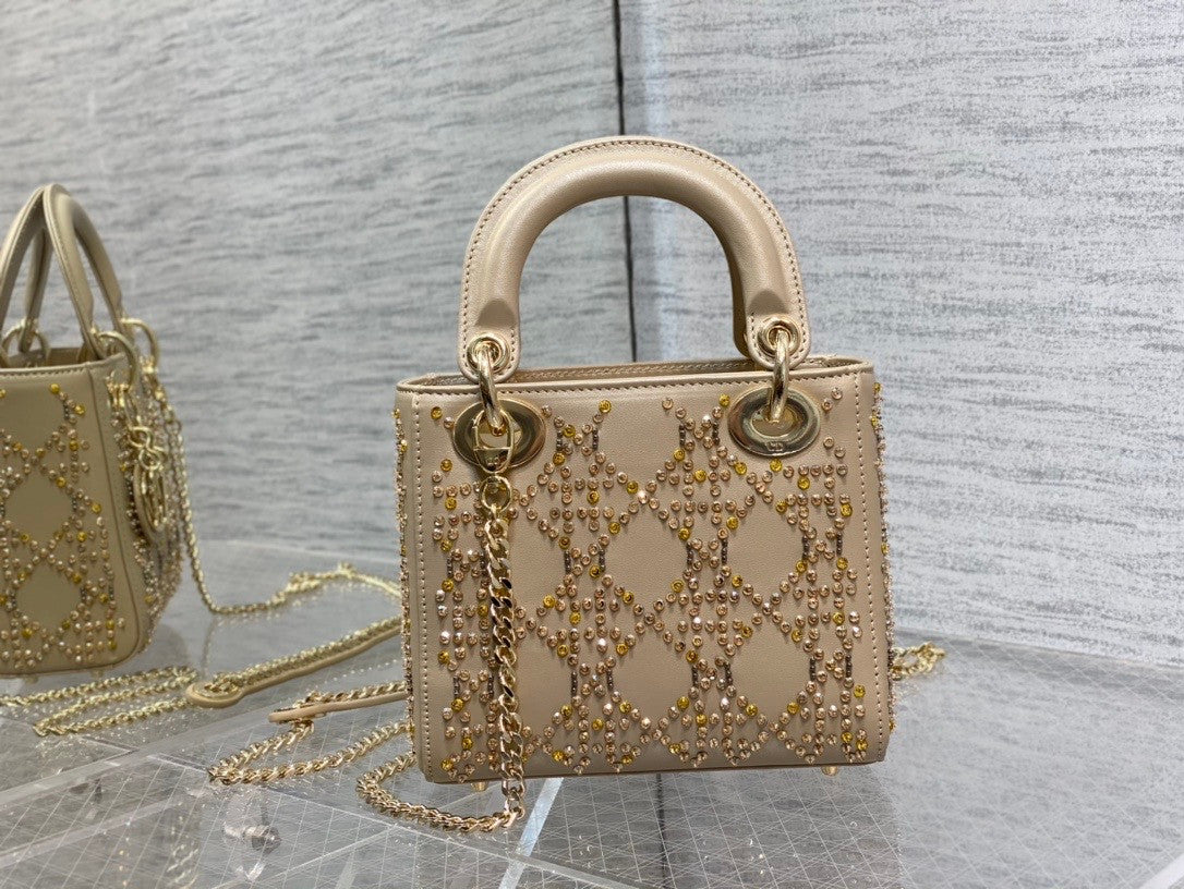 Christian Dior MINI LADY DIOR BAG Metallic Cannage Calfskin with Platinum Beaded Embroidery